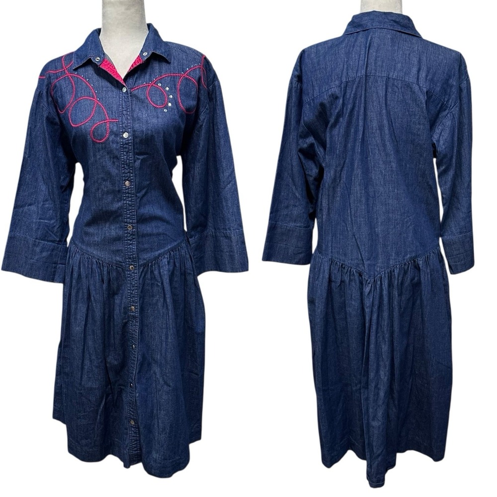Vtg Womens Denim Midi Maxi Dress Sz 12 Button Up Country Cowgirl Boho Prairie